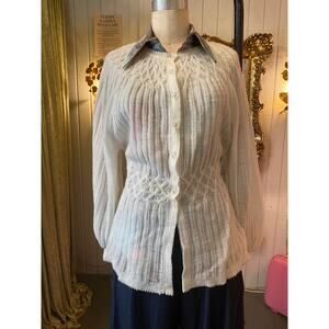 Vintage 1960s ivory pointelle cardigan peplum sweater m/l balloon sleeve knit